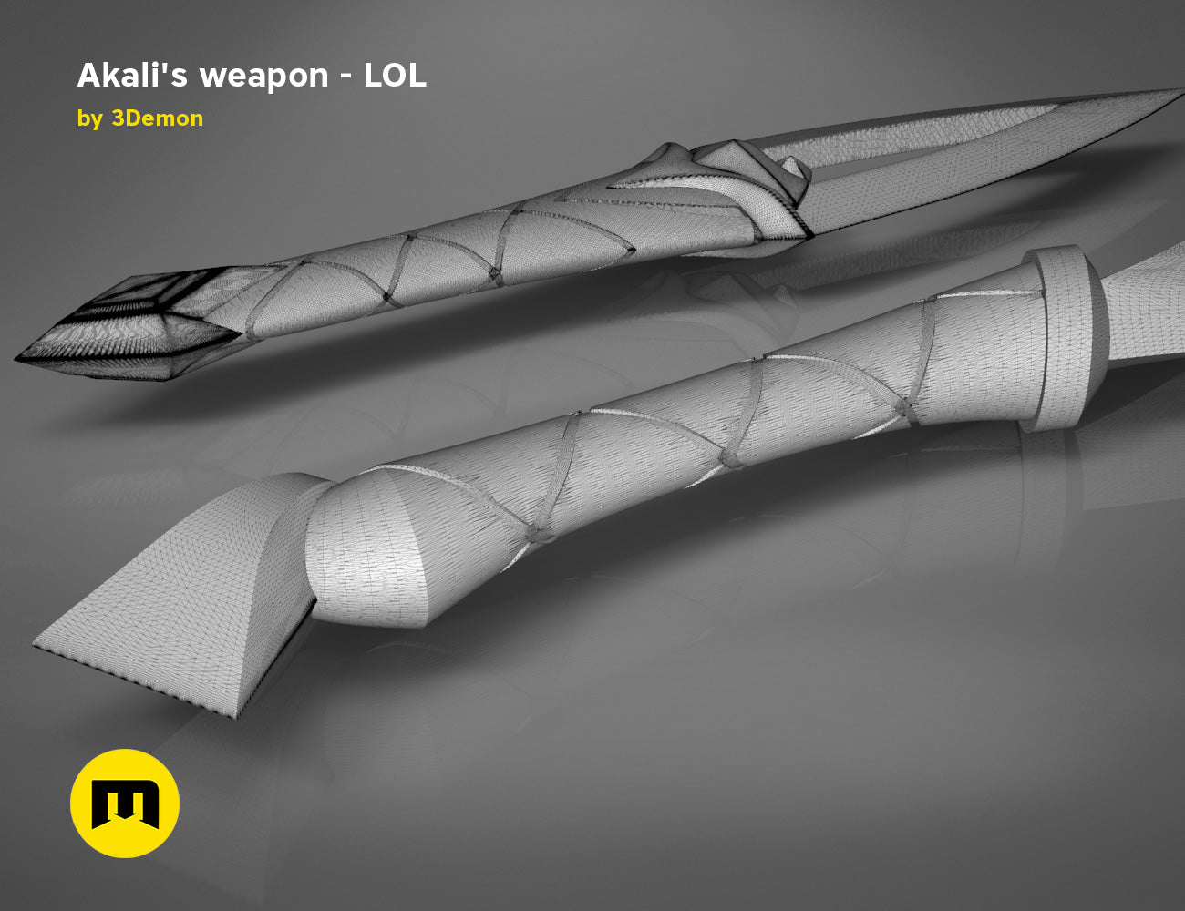 Wireframe mesh render of Akali’s Weapons STL, dual-blade mesh topology, 3D print cosplay prop