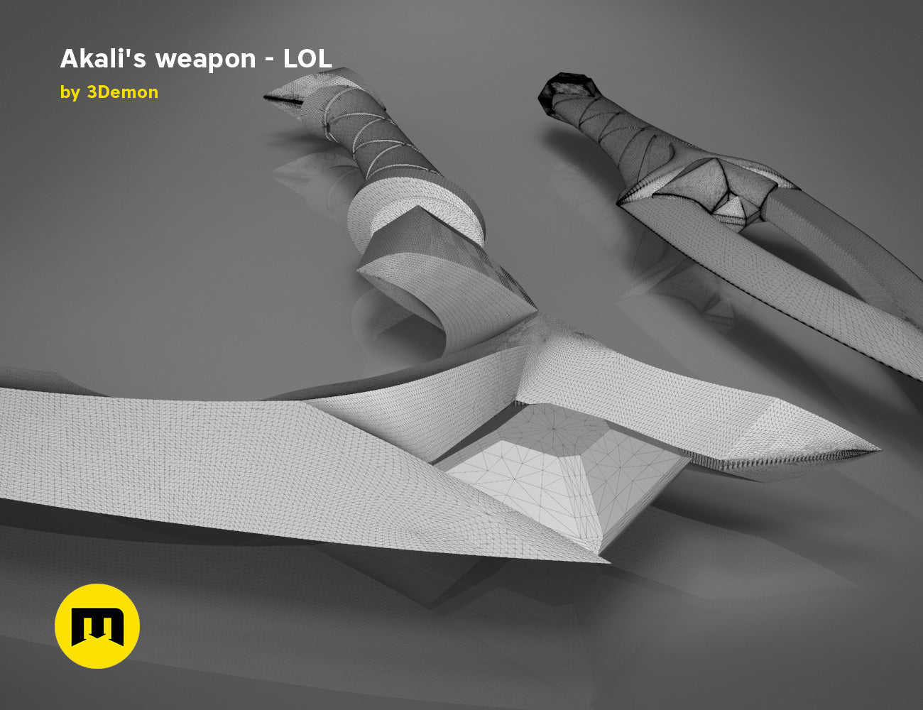 Wireframe mesh render of Akali’s Weapons - League of Legends, twisted blade and dagger mesh, 3D print cosplay prop