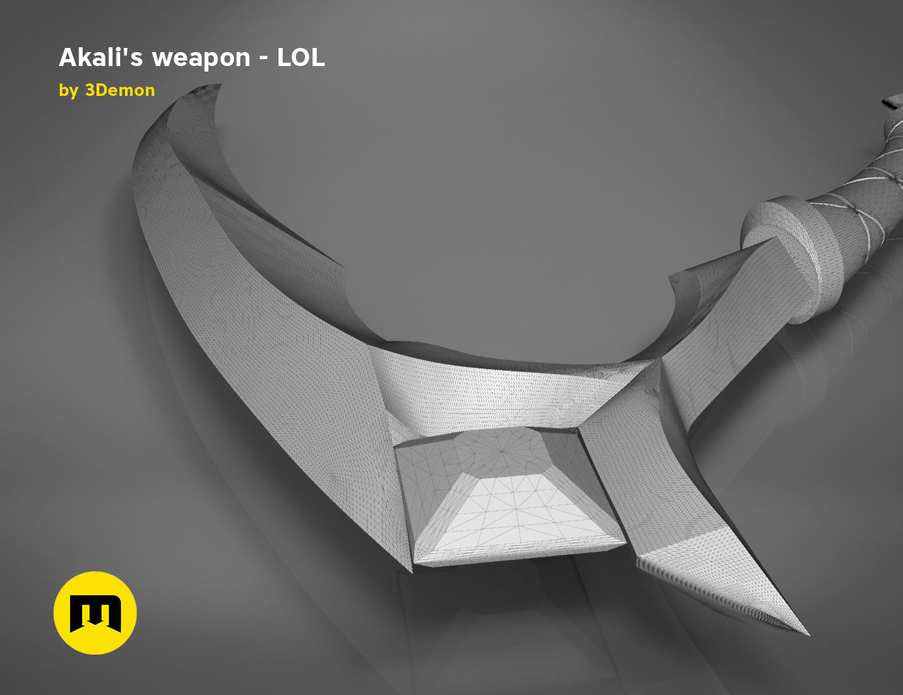 Wireframe mesh render of Akali’s Weapons STL, curved blade mesh topology, 3D print cosplay prop