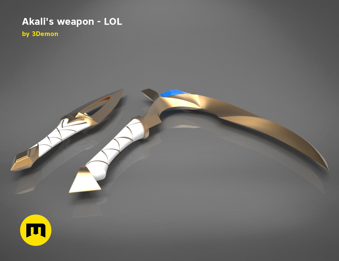 3D model render of KDA Akali’s Weapons - League of Legends, golden curved blade and dagger, 3D print cosplay prop.