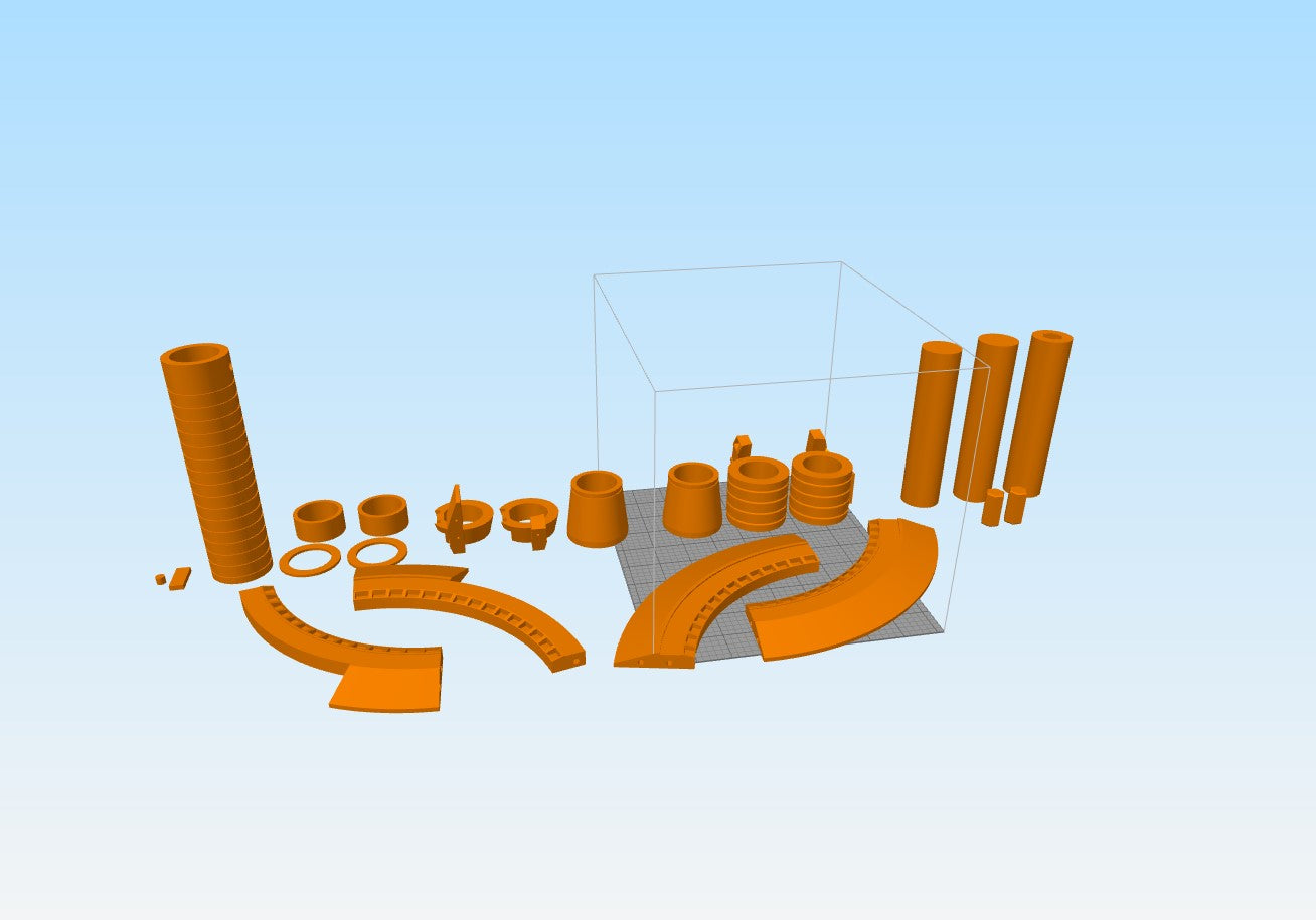 Second Sister’s lightsaber - Star Wars STL, exploded view of 20 orange 3D printed parts, cosplay prop