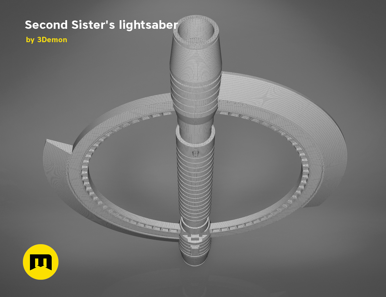 Wireframe mesh render of Second Sister's lightsaber, grey mesh topology with ringed hilt, 3D print cosplay prop