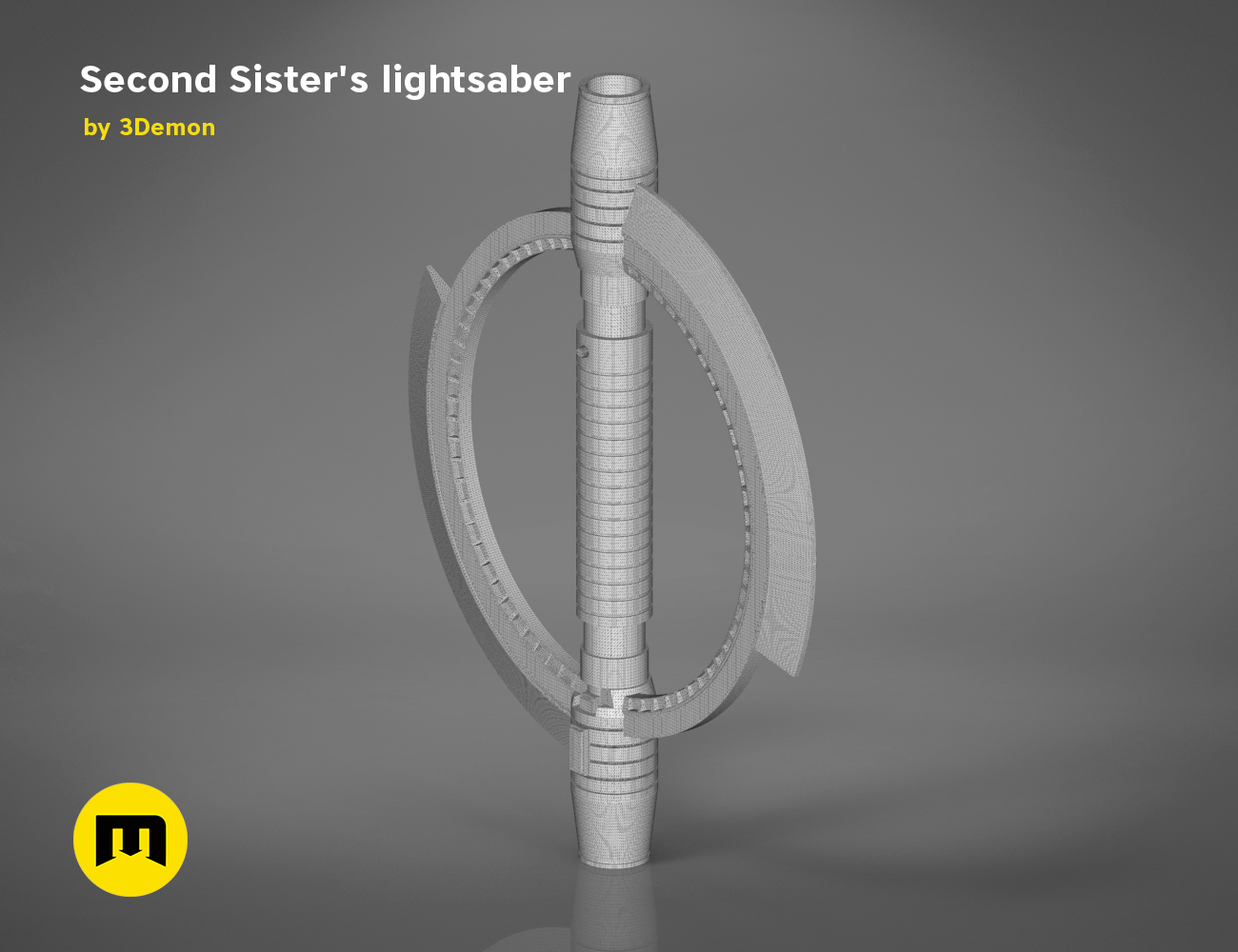 Wireframe mesh render of Second Sister’s lightsaber, grey mesh topology with curved blade and hilt, 3D print cosplay ...