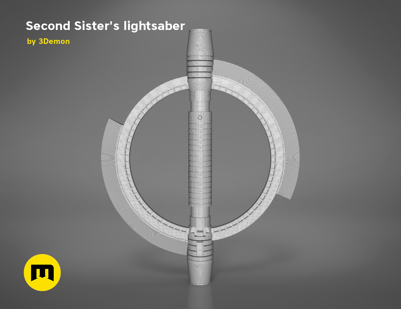 Wireframe mesh render of Second Sister's lightsaber STL, front hilt and guard polygon structure, 3D print cosplay prop