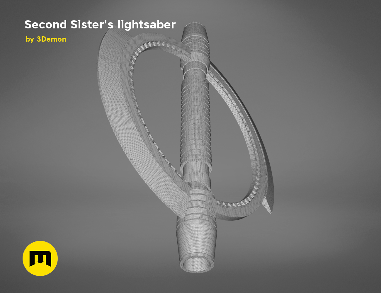 Wireframe mesh render of Second Sister’s lightsaber STL, grey mesh topology with curved hilt and blade, 3D print cosp...