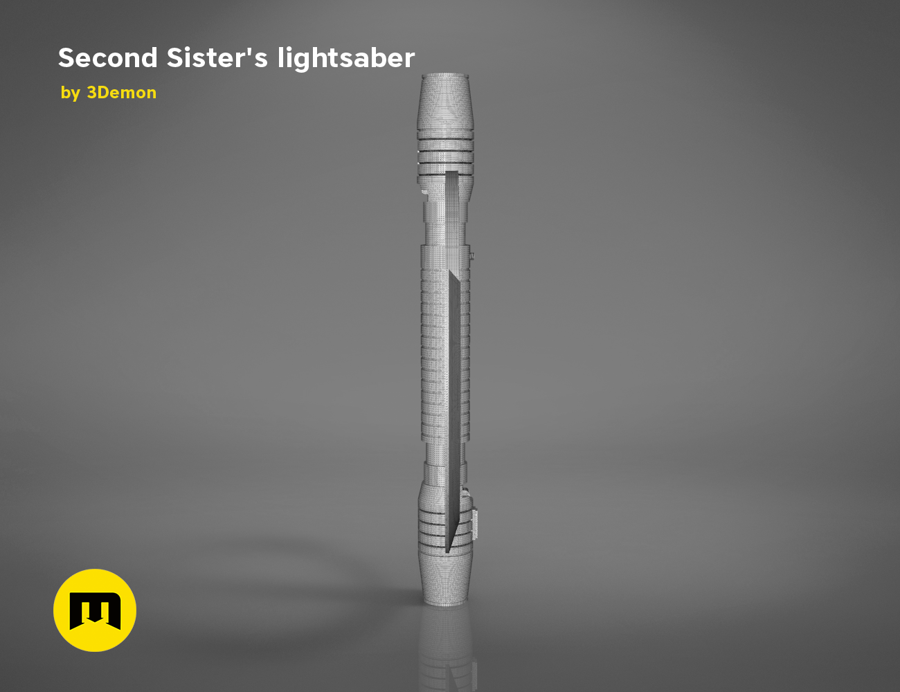 Wireframe mesh render of Second Sister’s lightsaber STL, grey mesh topology with segmented hilt, 3D print cosplay prop