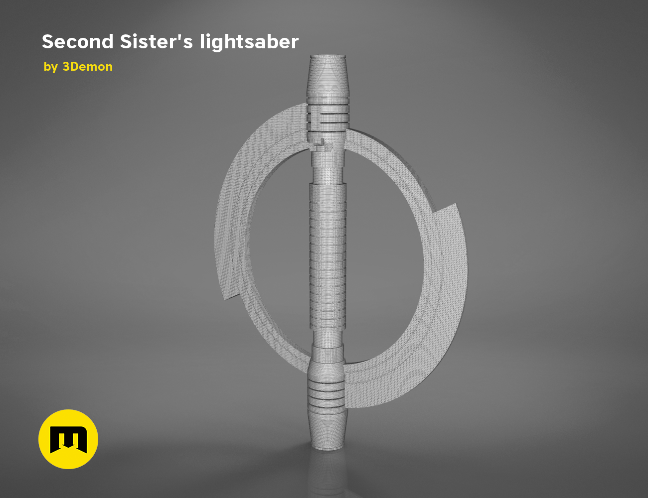 Wireframe mesh render of Second Sister’s lightsaber STL, grey mesh topology with ringed hilt, 3D print cosplay prop