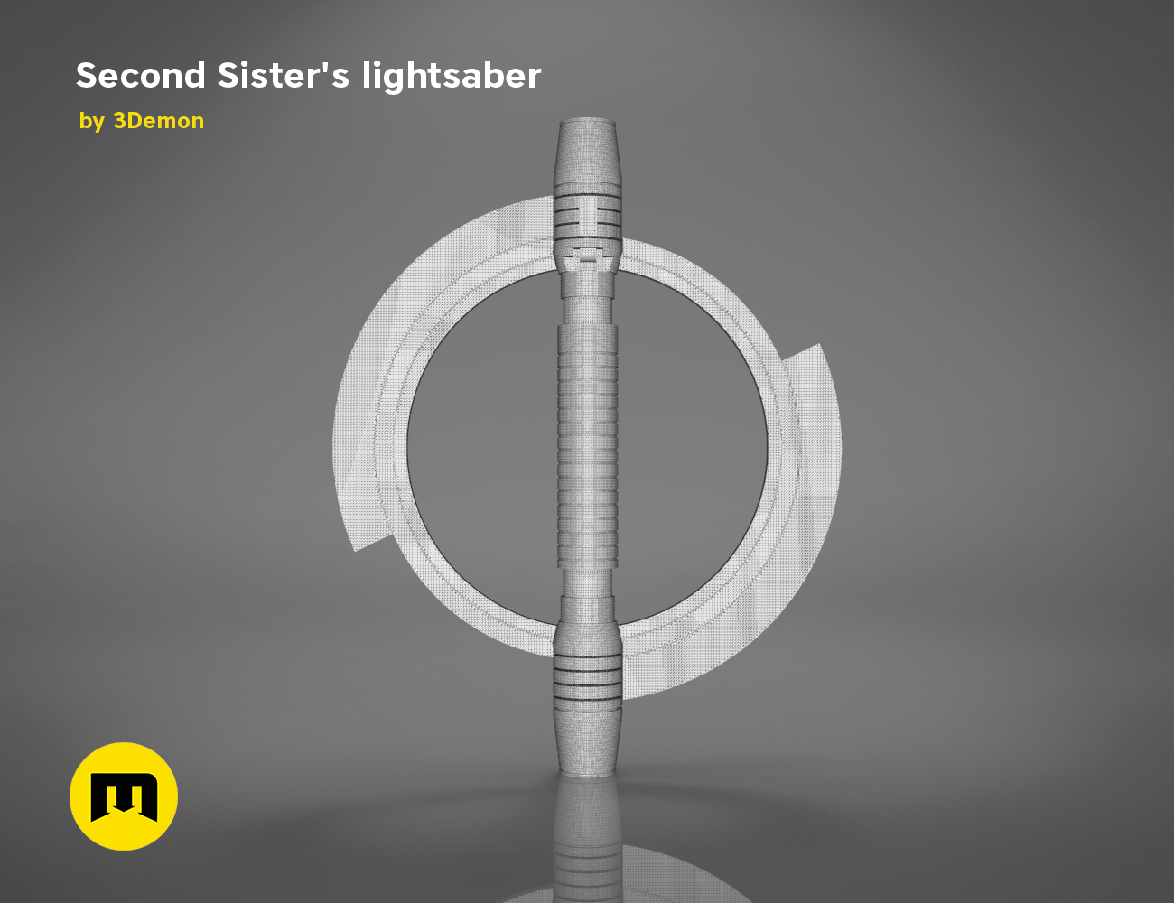 Wireframe mesh render of Second Sister's lightsaber STL, grey mesh topology with ringed hilt, 3D print cosplay prop