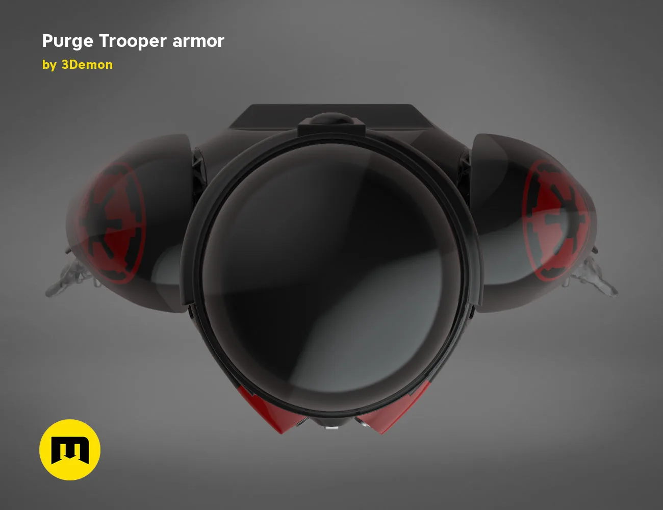 3D print preview of Purge Trooper armor STL, top-down helmet render with red visor, 3D print cosplay prop