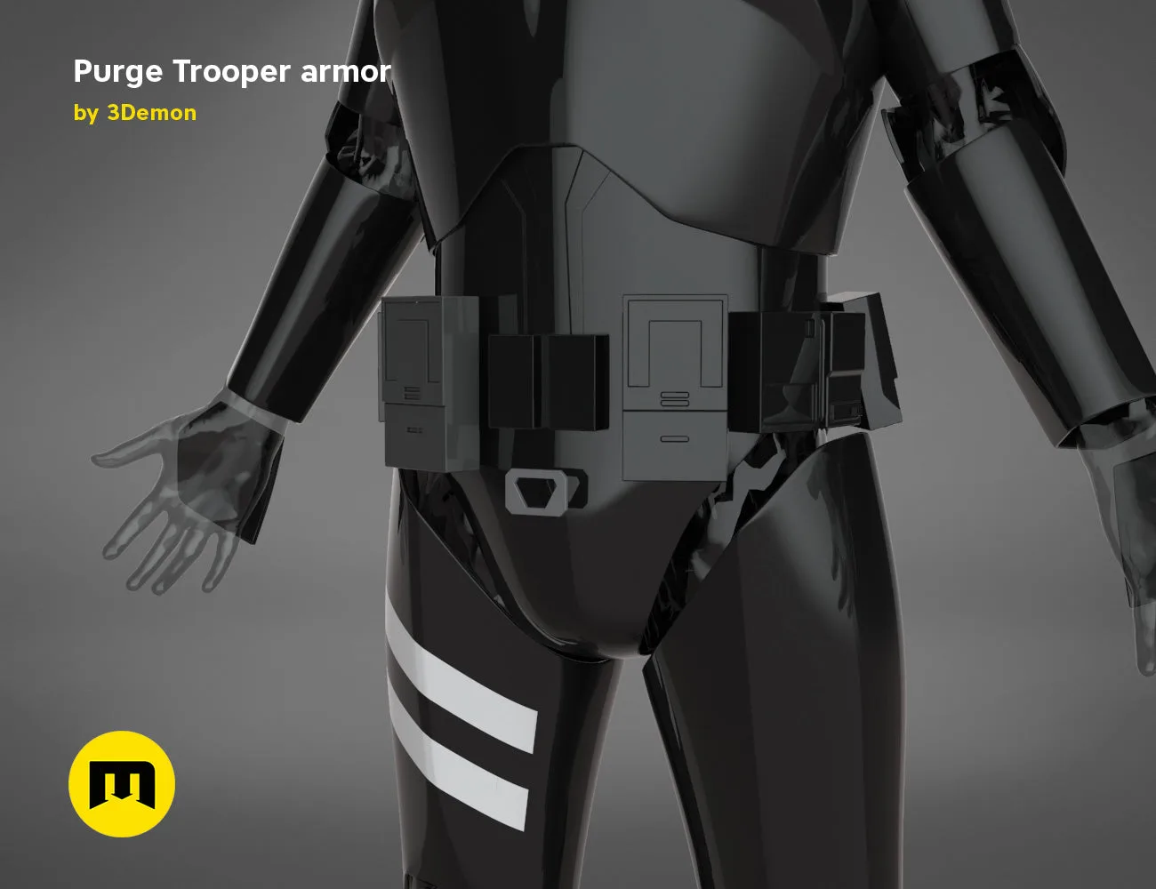 Purge Trooper armor STL, rear view with utility belt and reflective stripes, 3D print cosplay prop