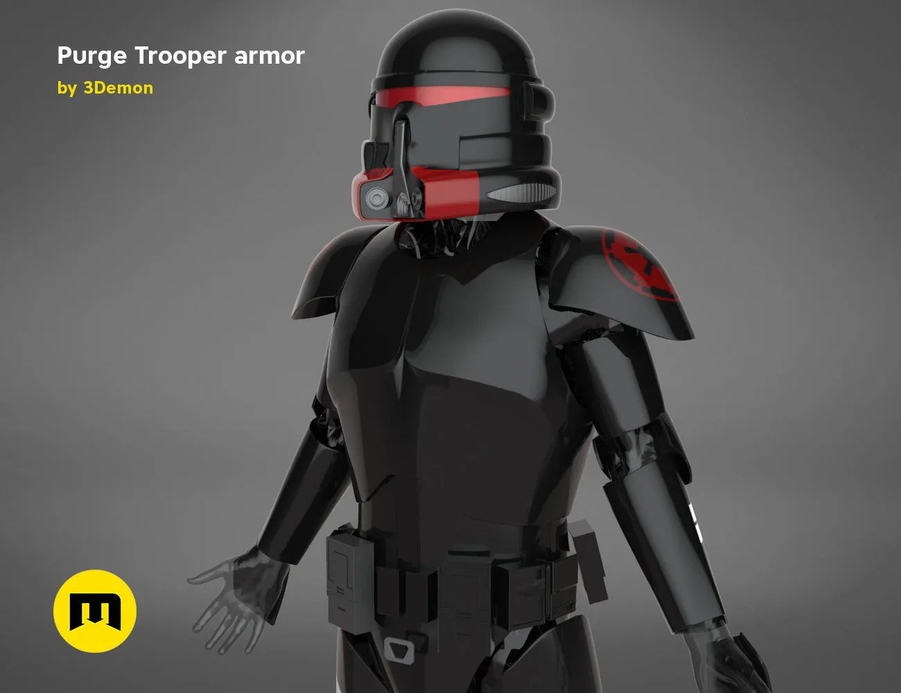 3D model render of Purge Trooper armor STL, black and red cosplay prop, side view 3D print