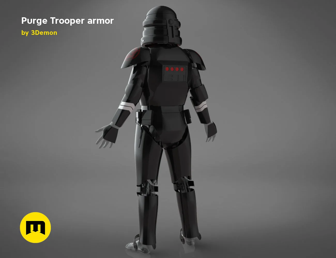 STL preview of Purge Trooper armor, rear view 3D print cosplay prop with glowing red details