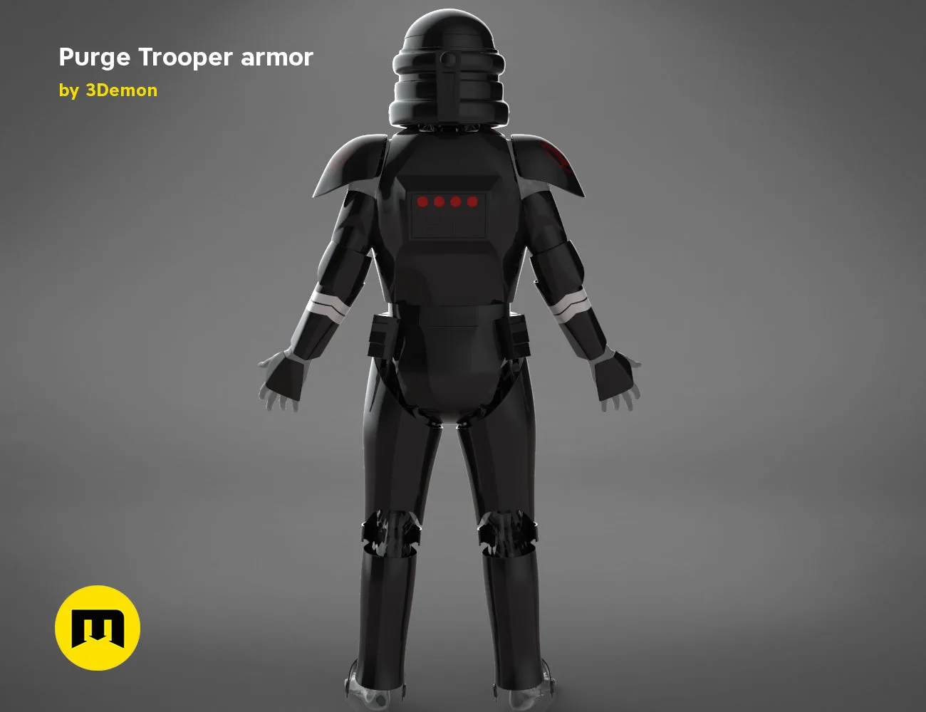 CGI render of Purge Trooper armor STL, rear view with glowing red panel, 3D print cosplay prop