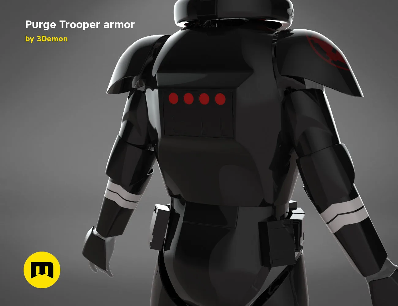 Rendered 3D model of Purge Trooper armor STL, rear view with glowing red emitter, 3D print cosplay prop