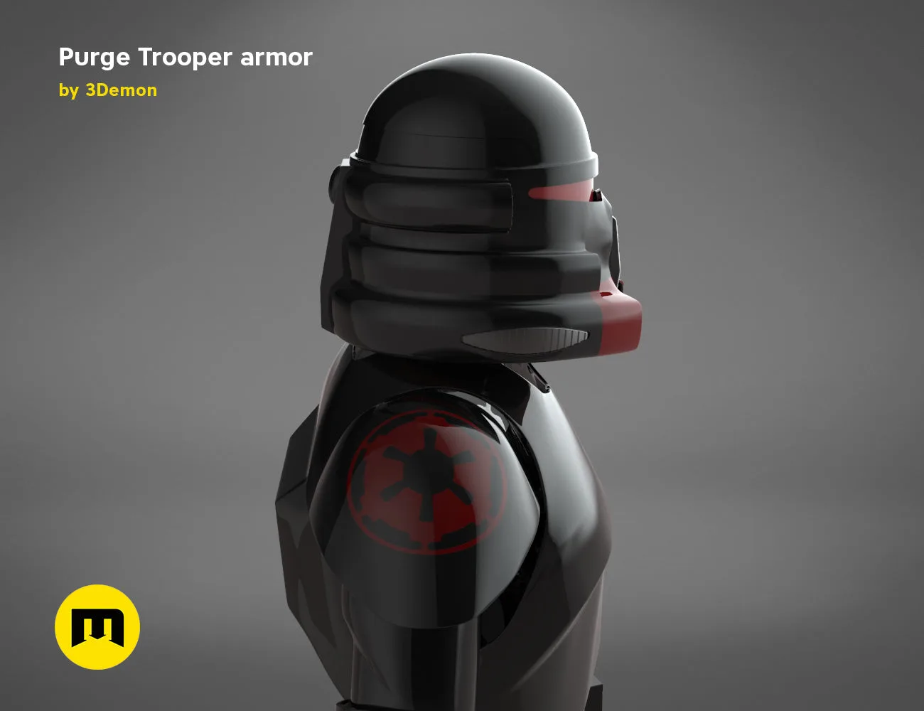 CAD render of Purge Trooper armor STL, black 3D print cosplay prop, rear view with red emblem.
