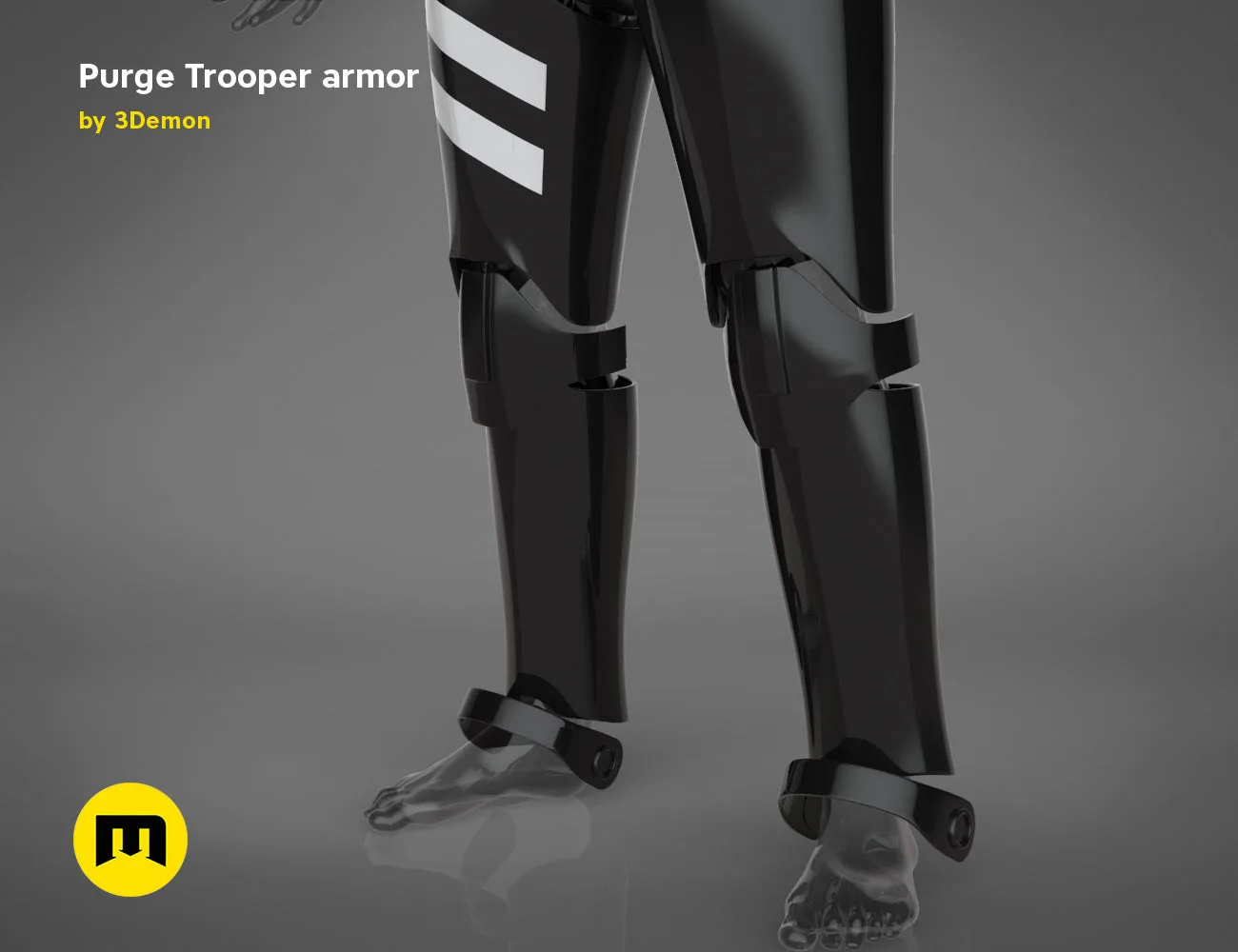 3D model of Purge Trooper armor STL, black textured 3D print cosplay prop, rear leg view