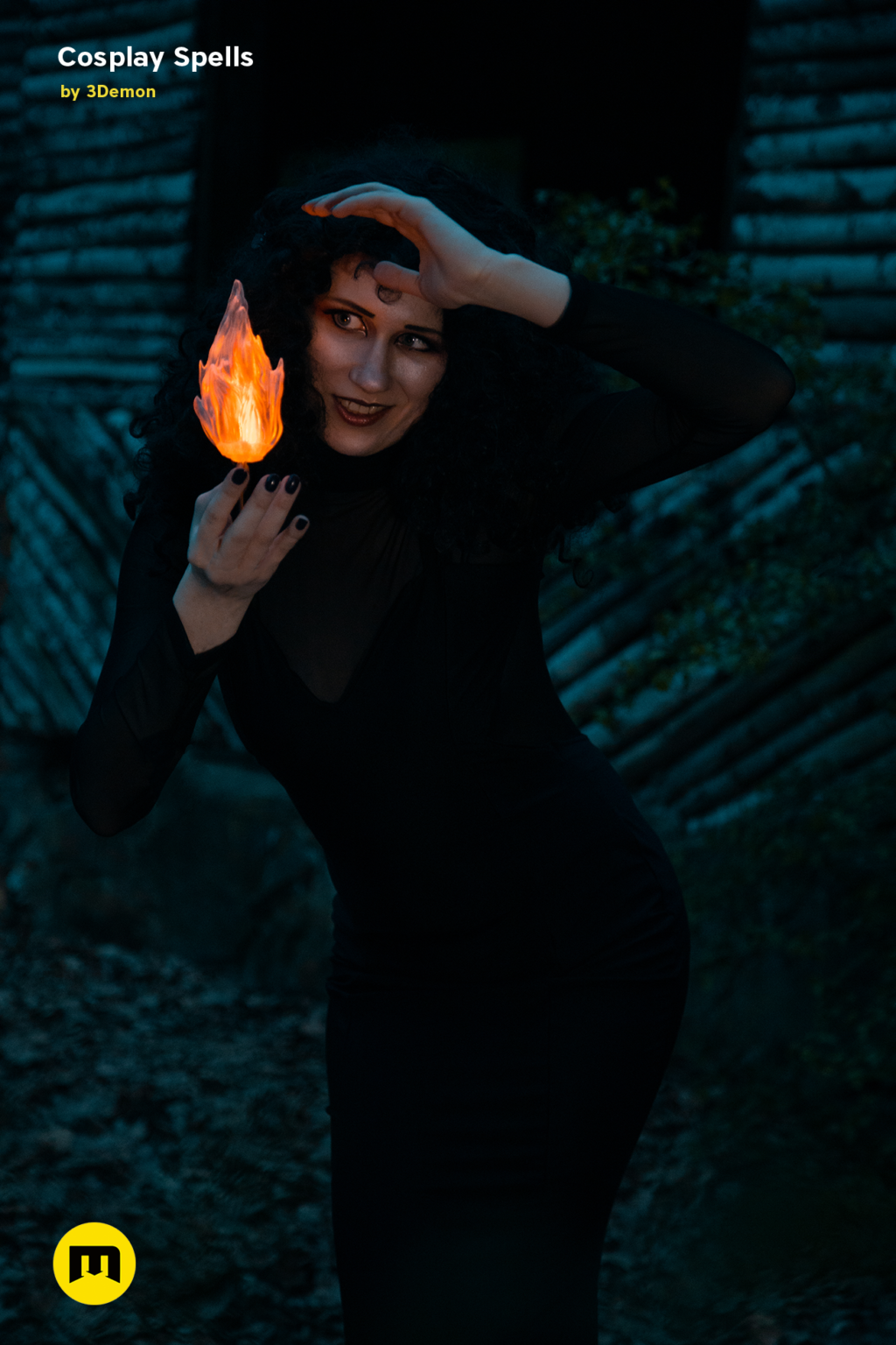3D model of Cosplay Spells STL, fiery wand held by figure, dark 3D printed cosplay prop