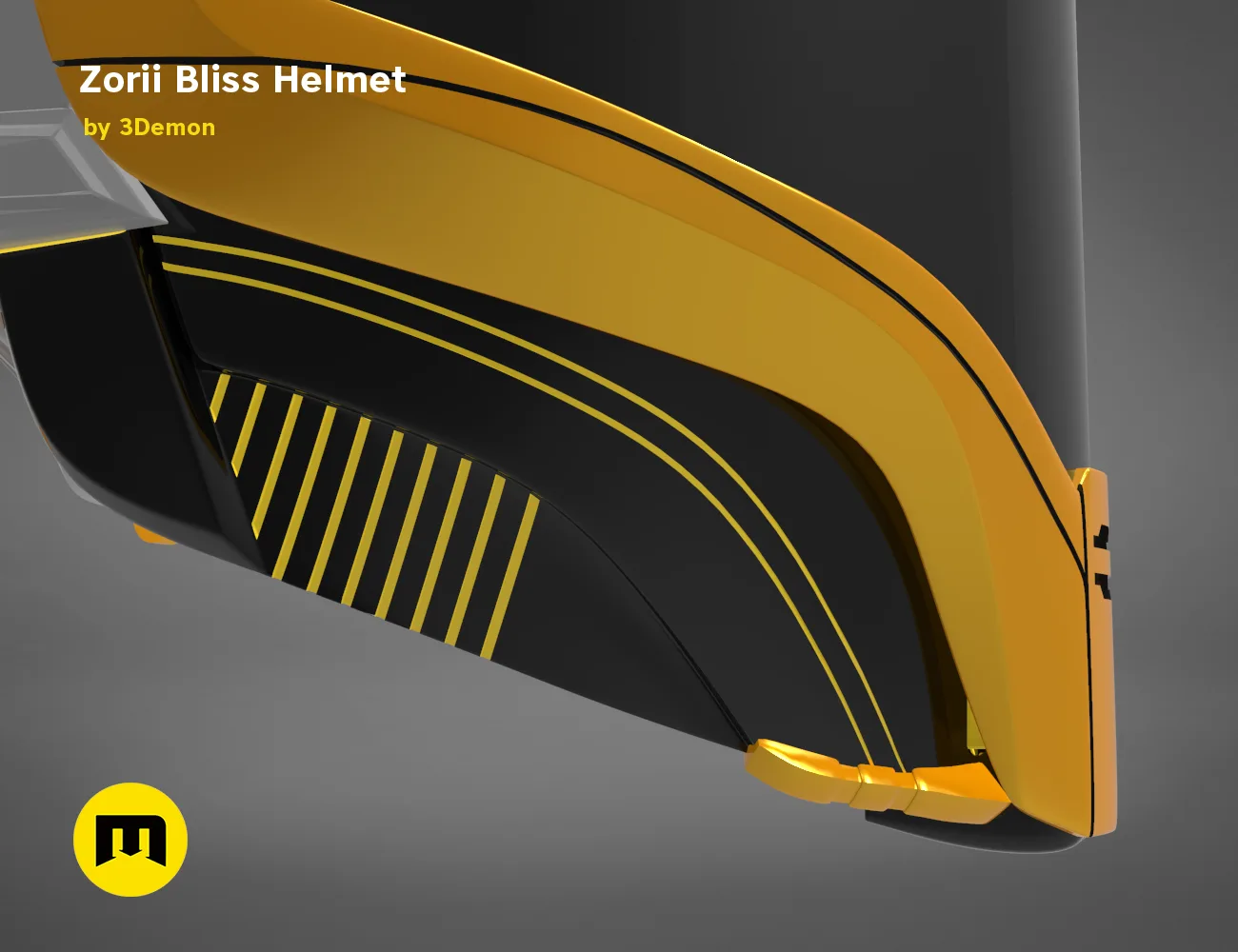 3D model of Zorii Bliss Helmet STL, sleek orange/black 3D printed cosplay prop, side view