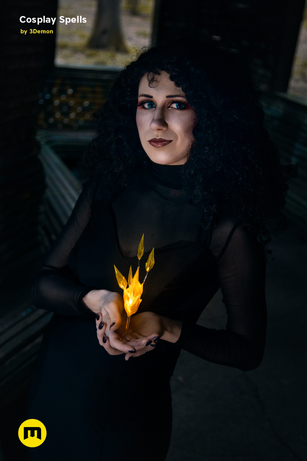 3D print preview of Cosplay Spells STL, fiery phoenix prop held in hand, dark cosplay render