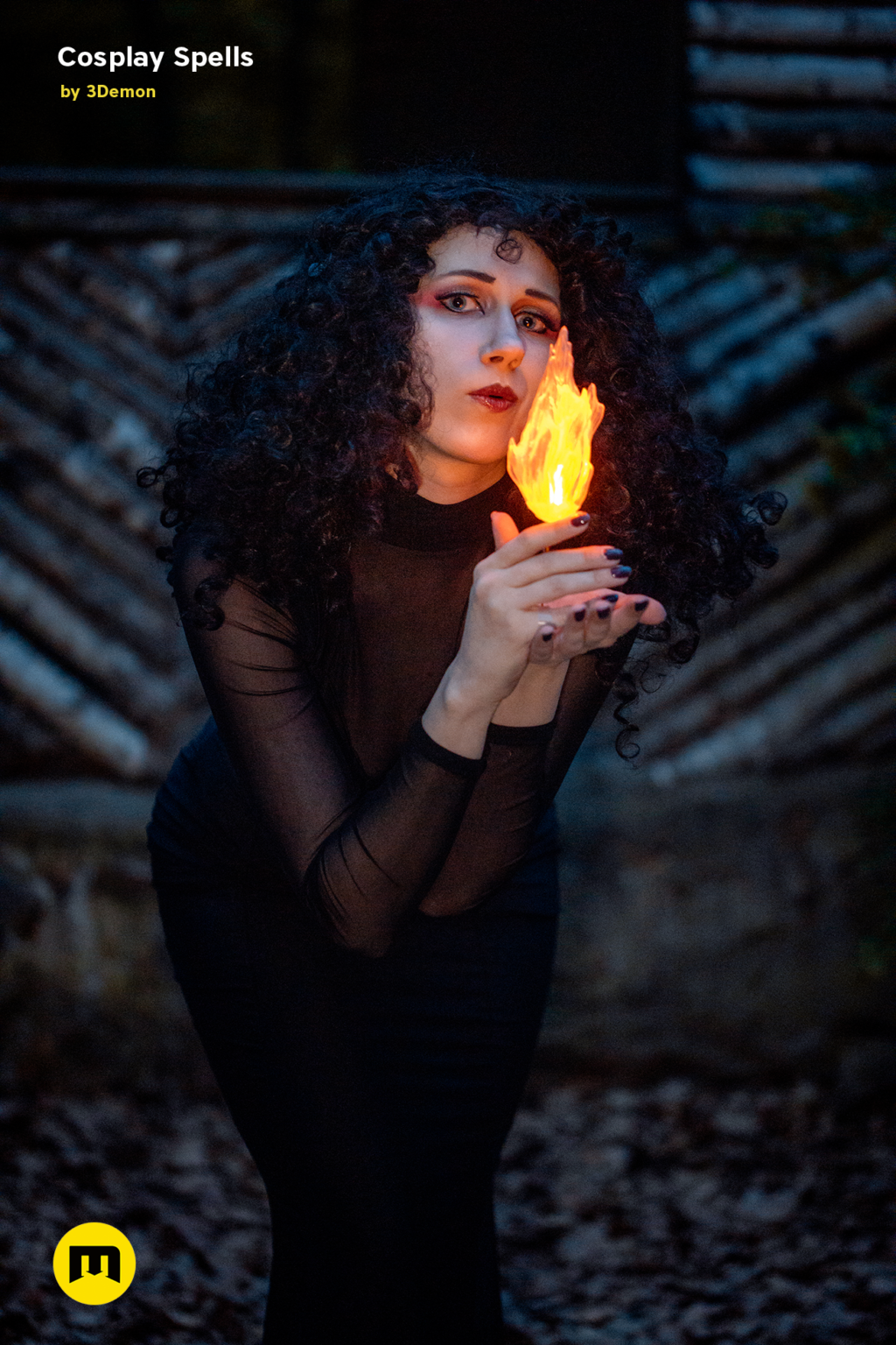 3D model render of Cosplay Spells STL, fiery wand held by dark-themed cosplay prop, 3D printed accessory.