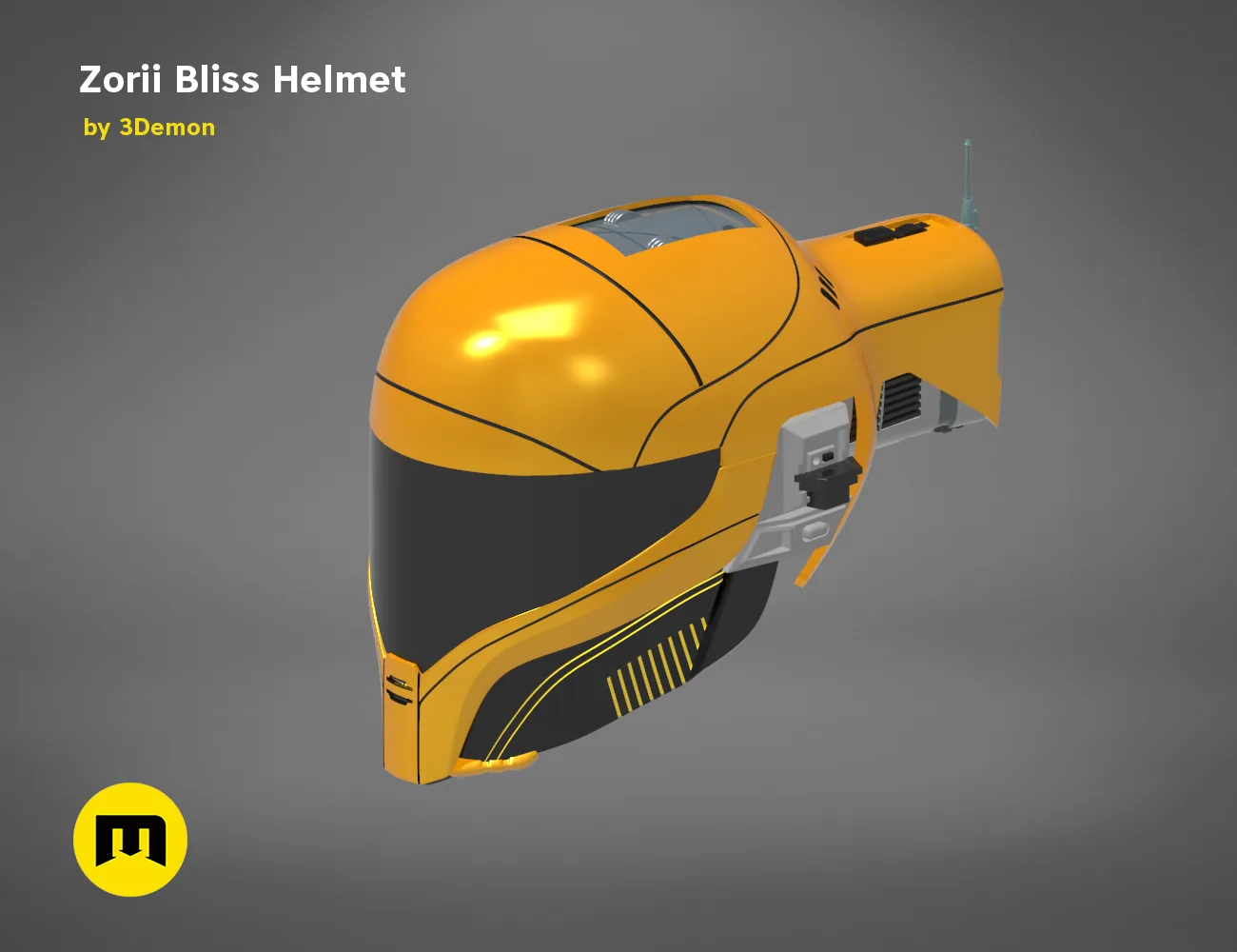 3D model render of Zorii Bliss Helmet, futuristic orange 3D printed cosplay prop, side view.