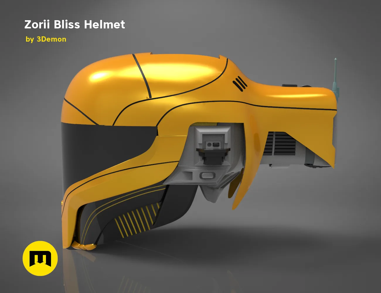 3D visualization of Zorii Bliss Helmet STL, futuristic orange cosplay prop, side view