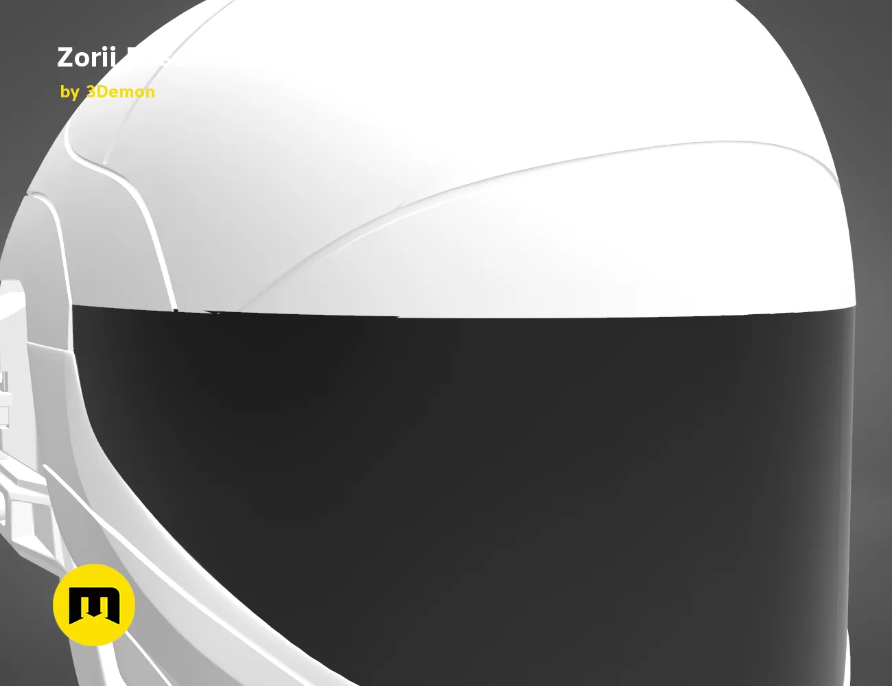 3D visualization of Zorii Bliss Helmet STL, sleek white 3D printed cosplay prop, side view.
