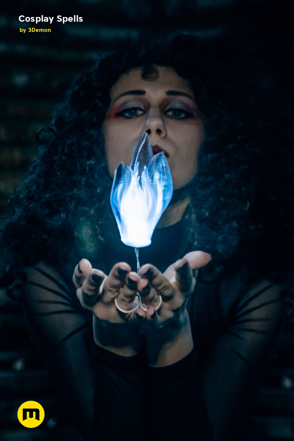 CAD render of Cosplay Spells STL, glowing blue wand held in hand, 3D print cosplay prop.