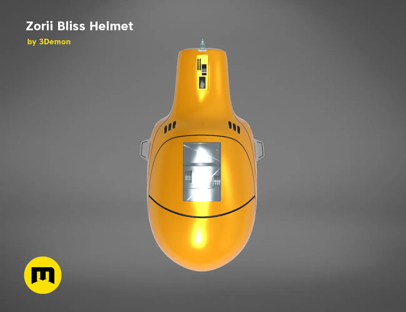 CAD render of Zorii Bliss Helmet STL, glowing orange futuristic cosplay prop, front view 3D print