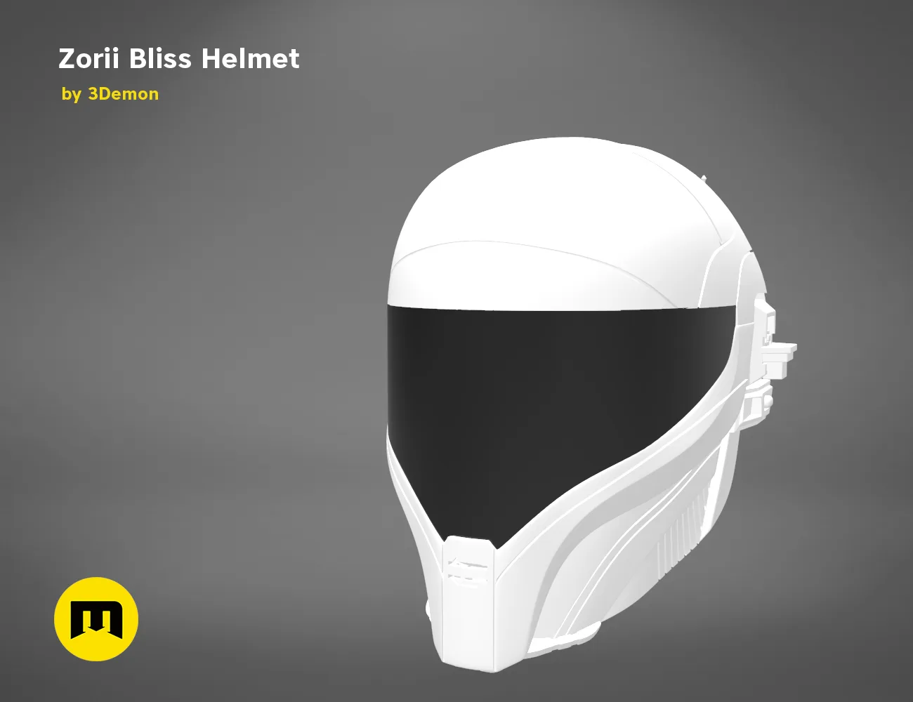 CGI render of Zorii Bliss Helmet STL, sleek white 3D print cosplay prop, side view