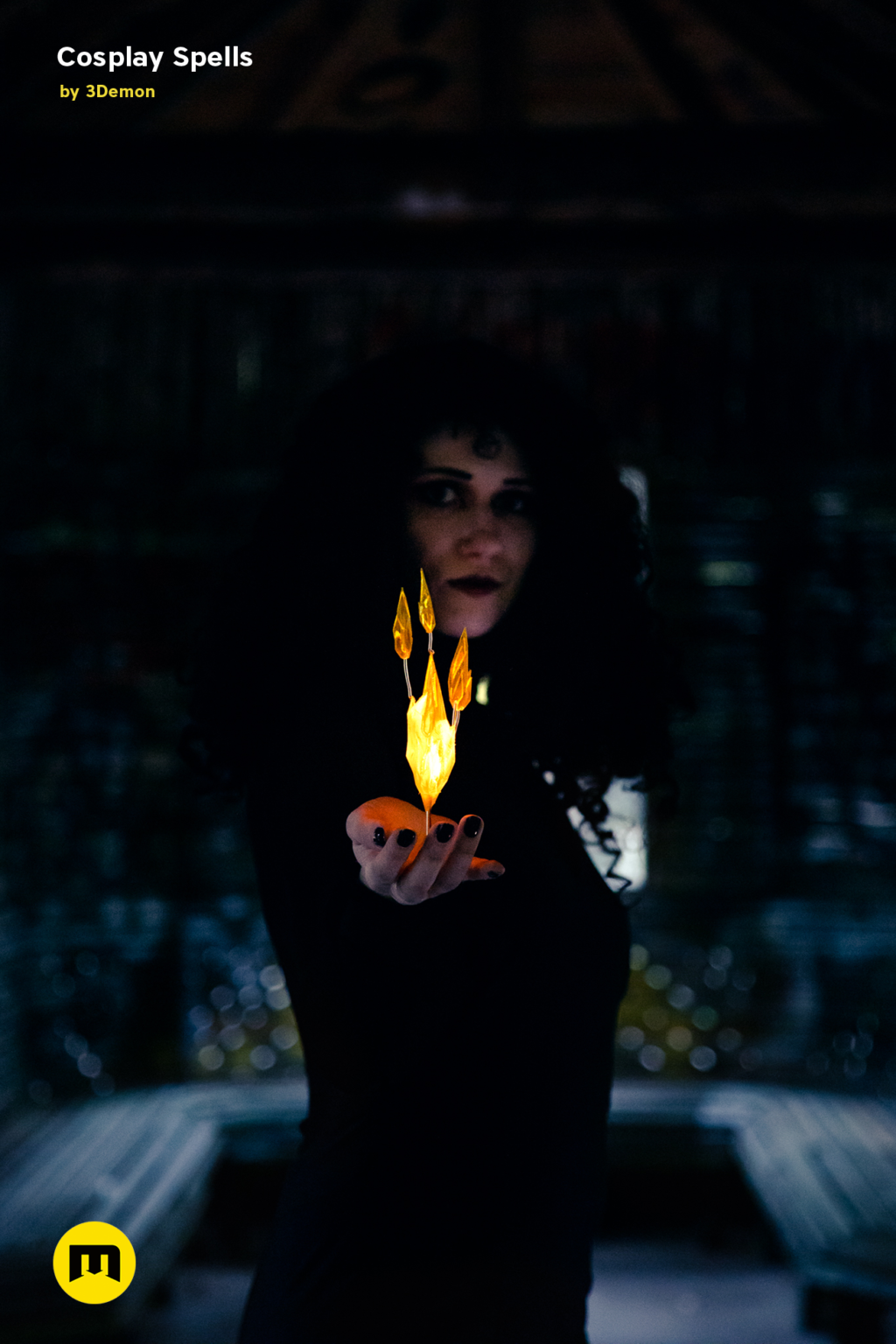 Digital 3D render of Cosplay Spells STL, fiery orange wand with glowing tip, 3D print cosplay prop.