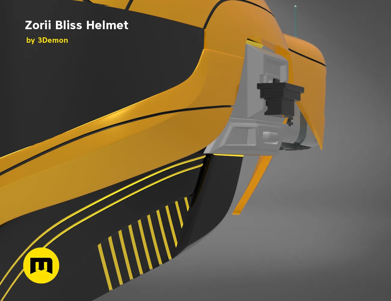 Digital 3D render of Zorii Bliss Helmet STL, futuristic orange cosplay prop, side view.