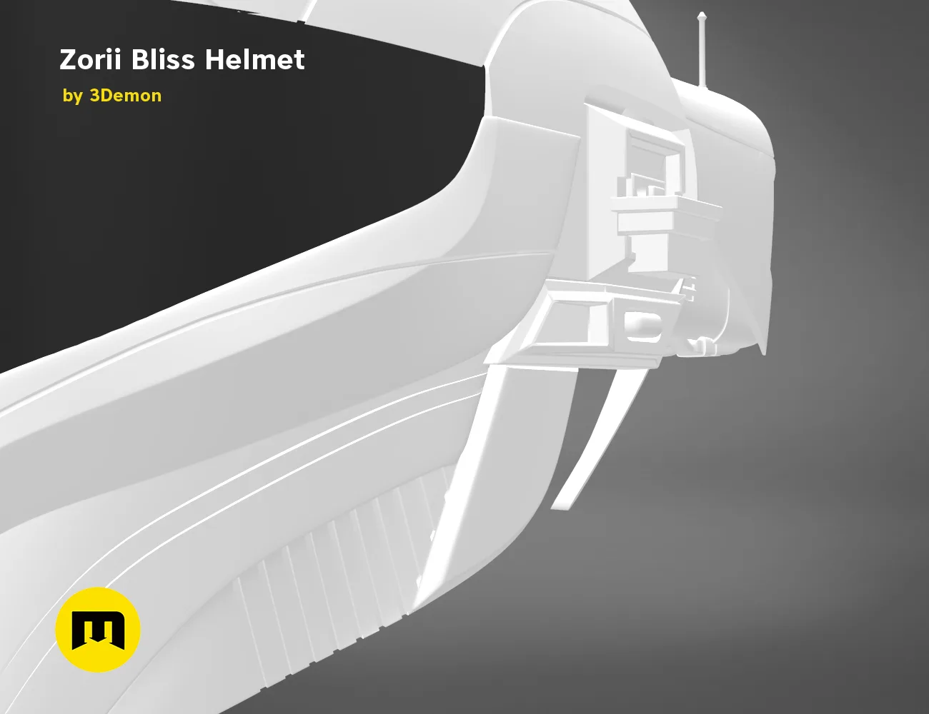 Digital 3D render of Zorii Bliss Helmet STL, sleek futuristic cosplay prop, side view