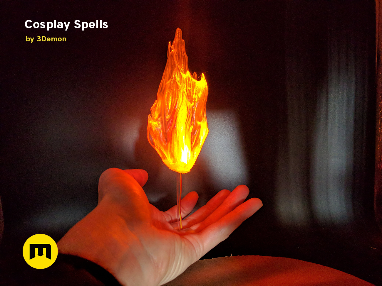 Hand photo of Cosplay Spells STL, fiery wand prop held in glove, 3D printed cosplay prop.
