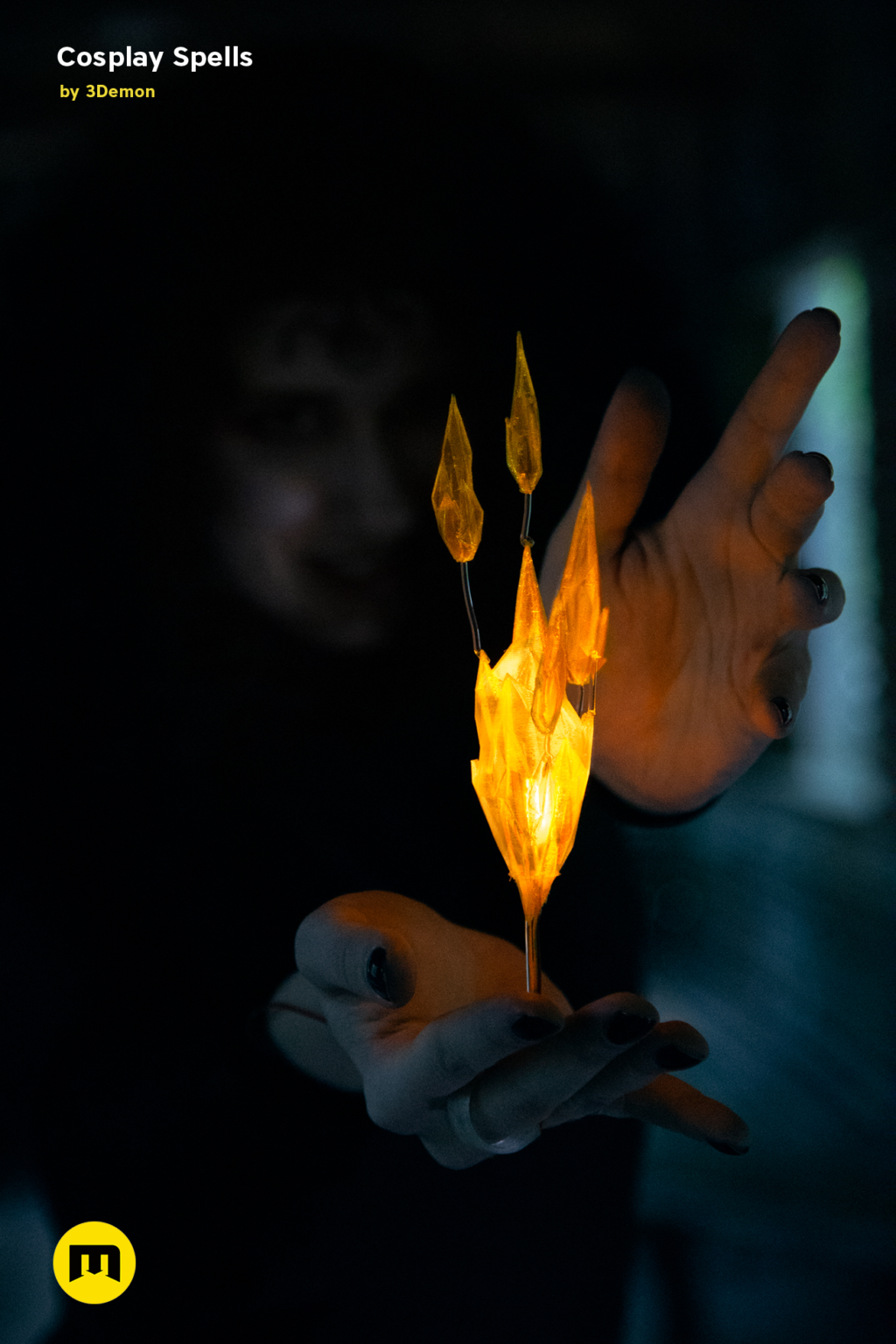 Hand photo of Cosplay Spells STL, fiery wand prop with glowing yellow flames, 3D printed cosplay prop