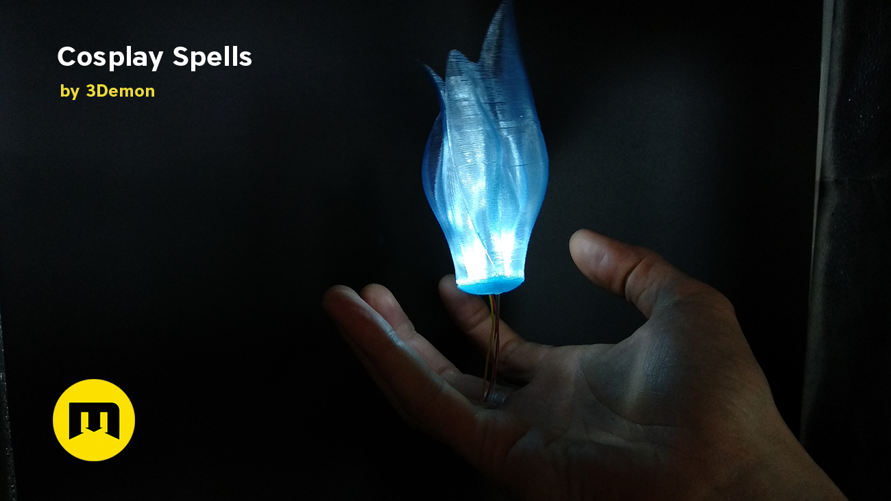 Hand photo of Cosplay Spells STL, glowing blue 3D printed wand prop in human palm