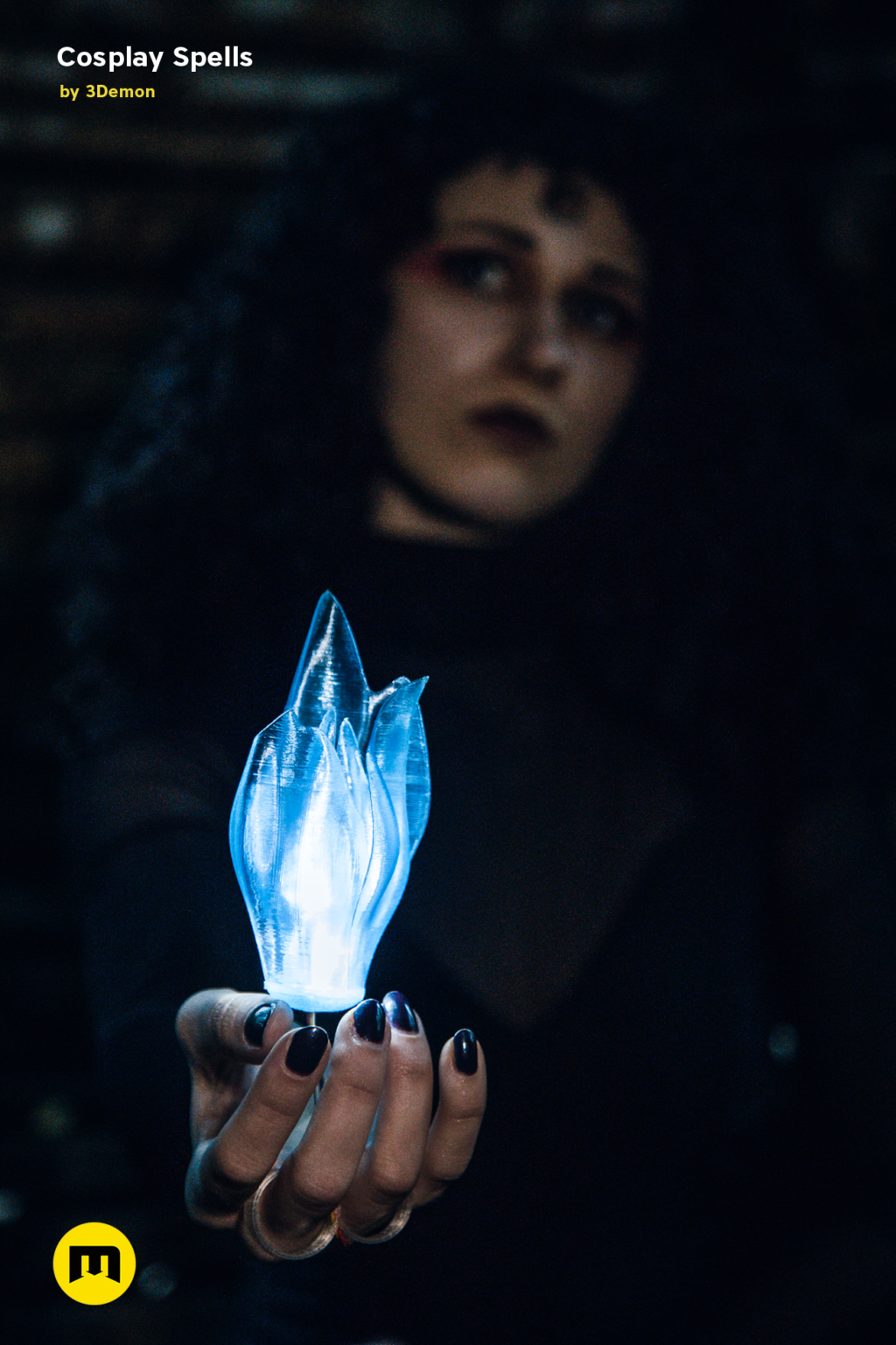 Hand photo of Cosplay Spells STL, glowing blue wand held in hand, 3D printed cosplay prop.