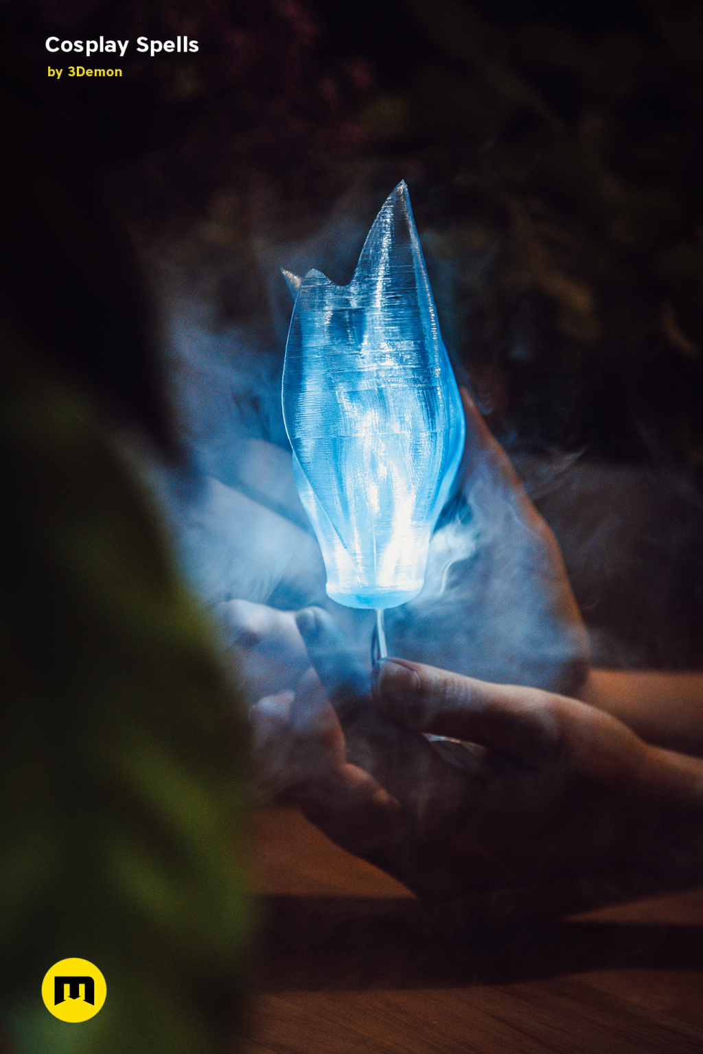 Hand photo of Cosplay Spells STL, glowing blue wand held in human hand, 3D printed cosplay prop.