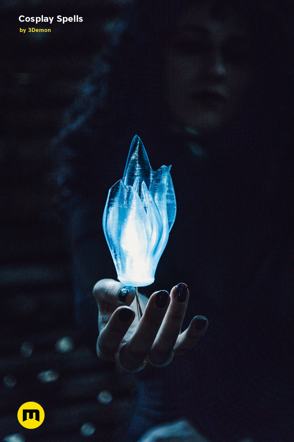 Hand photo of Cosplay Spells STL, glowing blue wand prop in dark setting, 3D printed cosplay prop