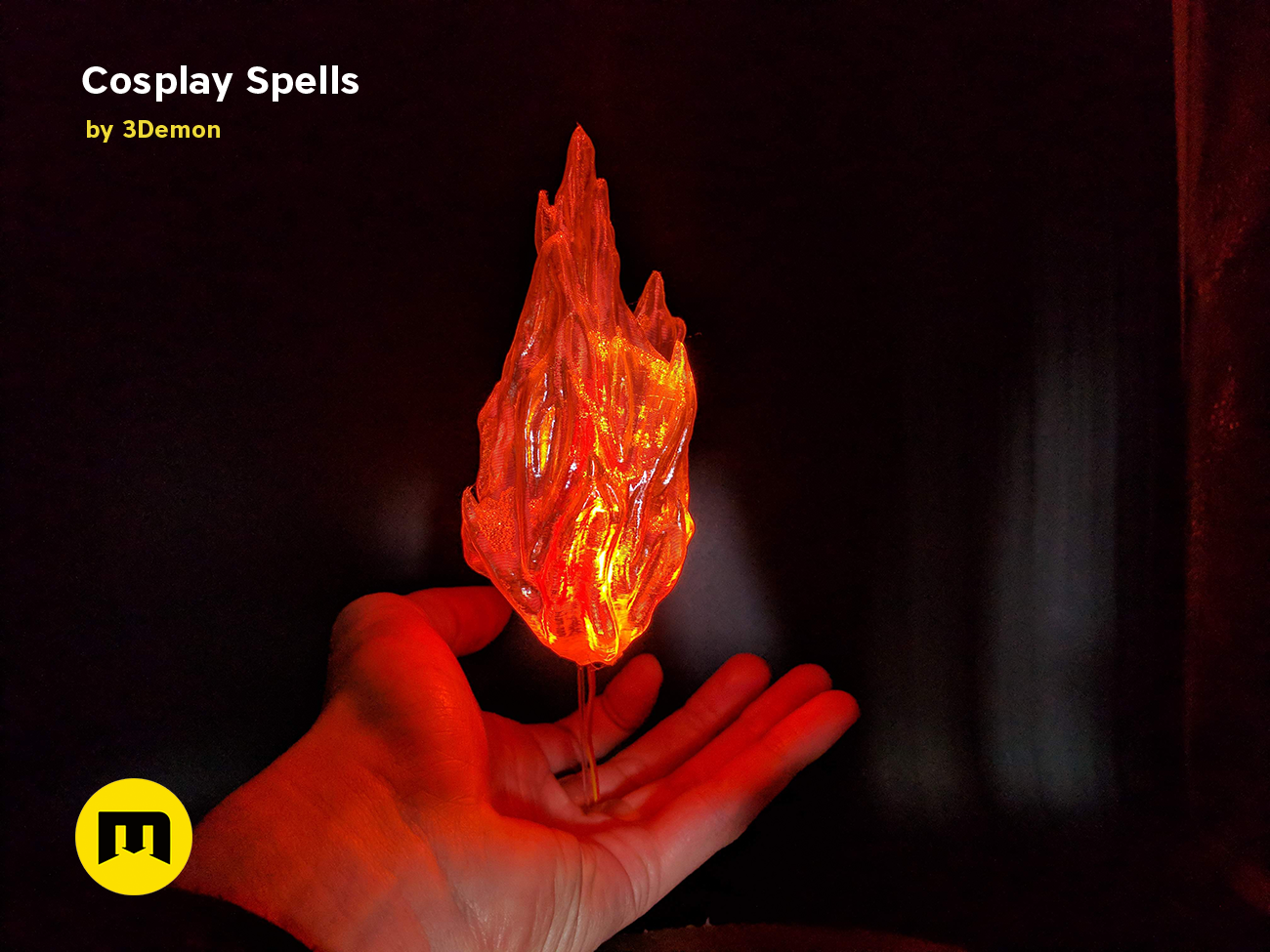 Hand photo of Cosplay Spells STL, glowing fiery 3D printed cosplay prop held in hand