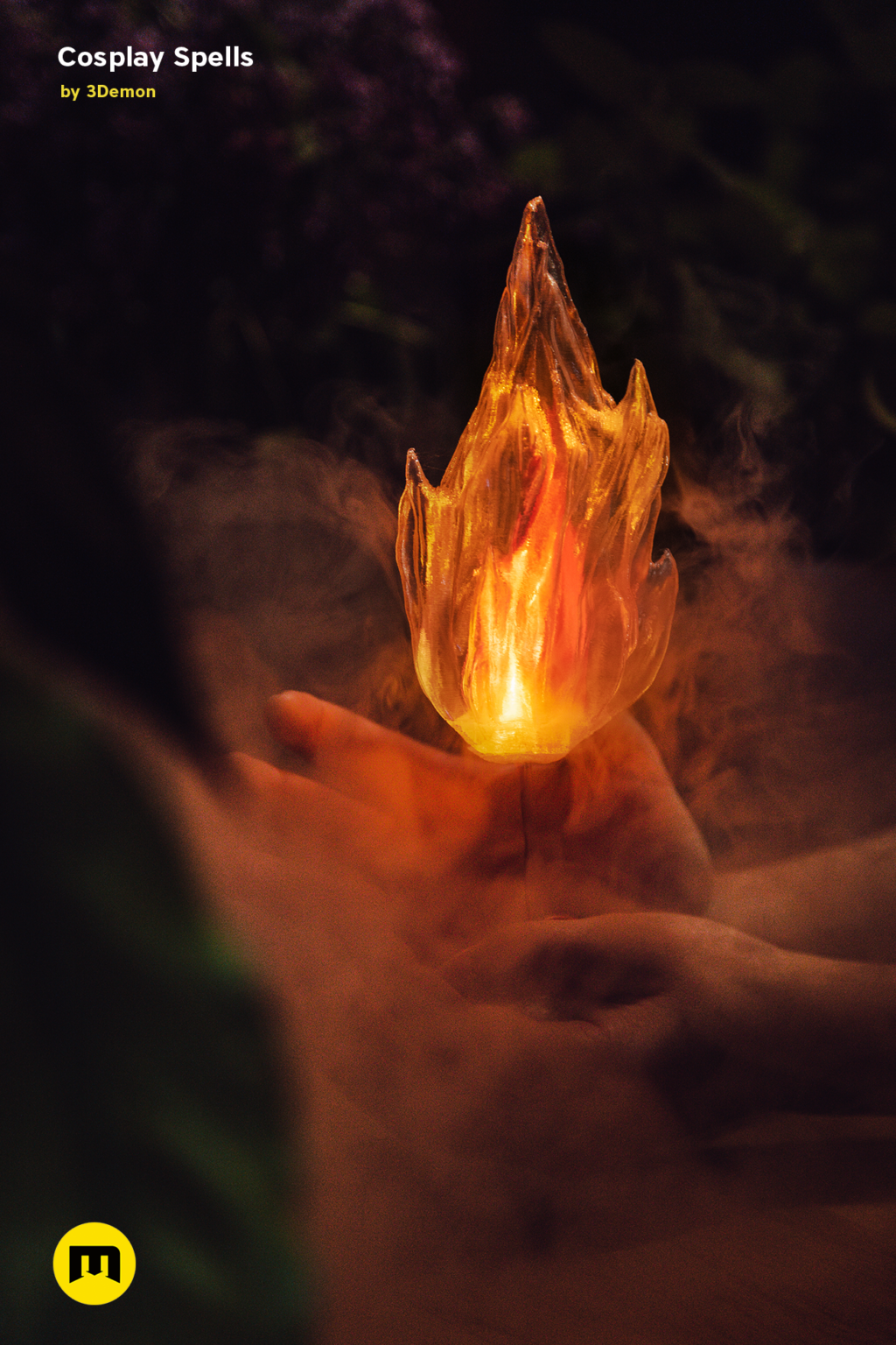 Hand photo of Cosplay Spells STL, glowing orange flame prop in human palm, 3D printed cosplay prop.