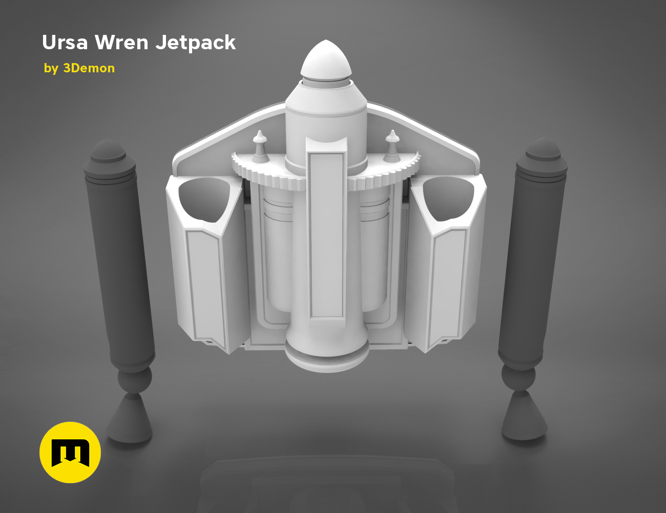 3D model render of Ursa Wren Jetpack STL, white futuristic 3D print cosplay prop, front view