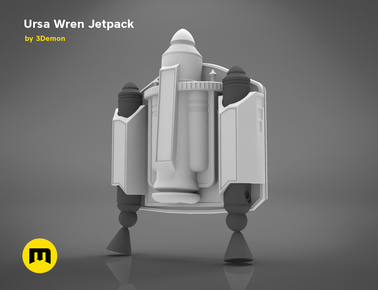 Painted 3D render of Ursa Wren Jetpack, futuristic white backpack with thrusters, 3D print cosplay prop.