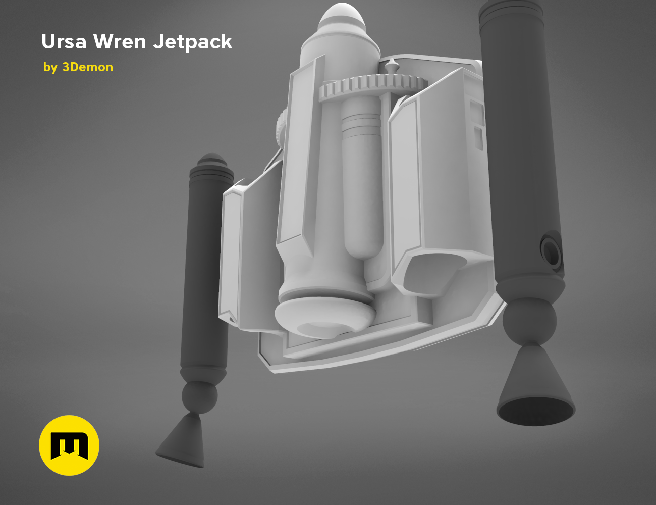 CGI render of Ursa Wren Jetpack STL, futuristic 3D printed cosplay prop with thrusters.
