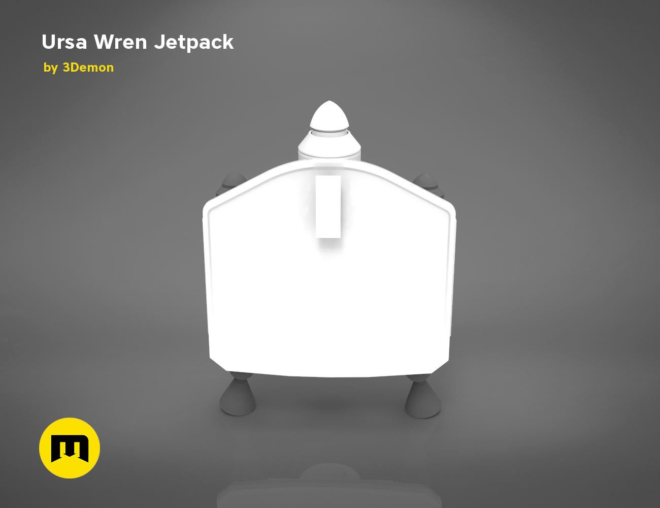 3D model render of Ursa Wren Jetpack STL, white futuristic 3D printed cosplay prop, front view