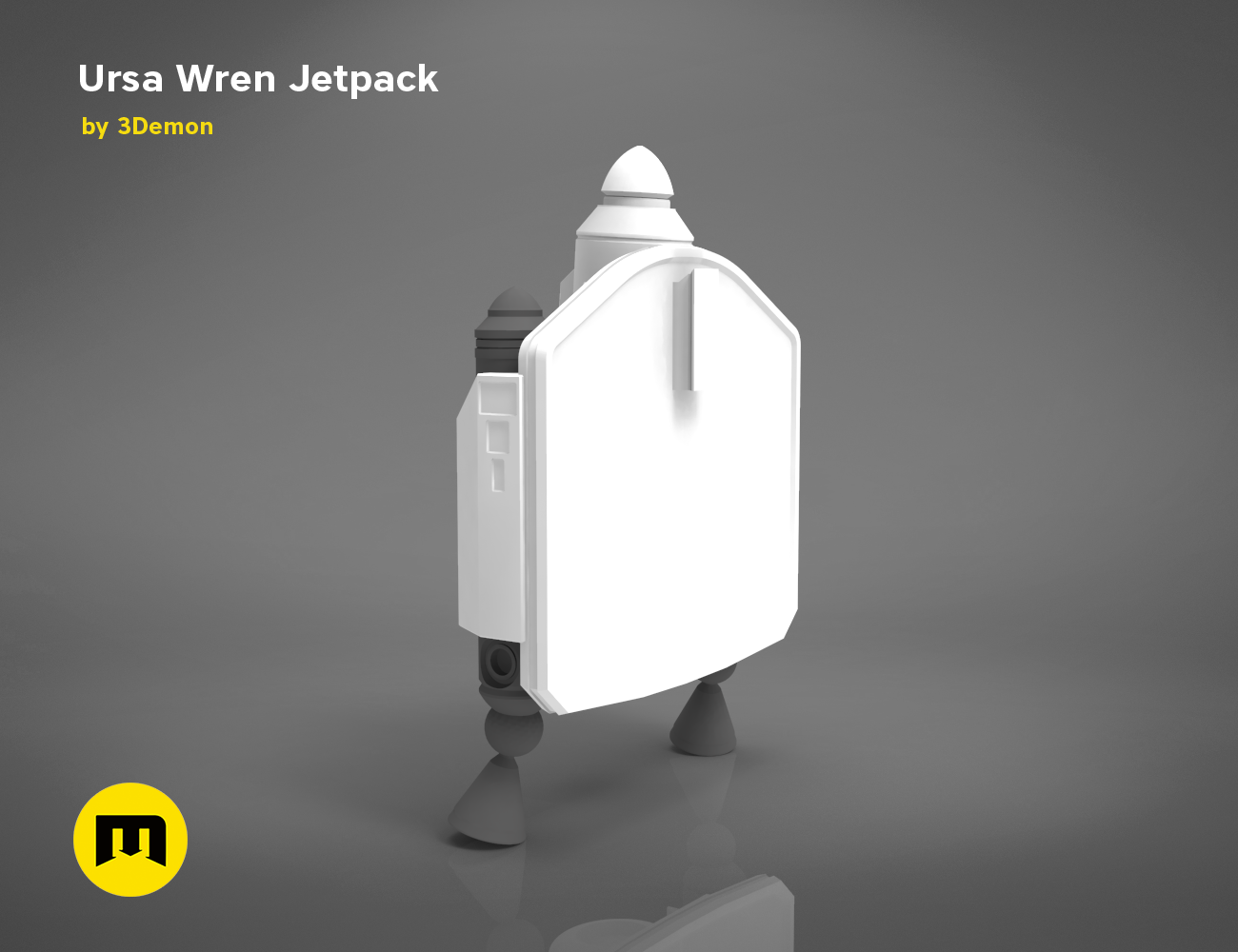 Ursa Wren Jetpack STL, white 3D render with rear nozzle and foot pads, 3D print cosplay prop