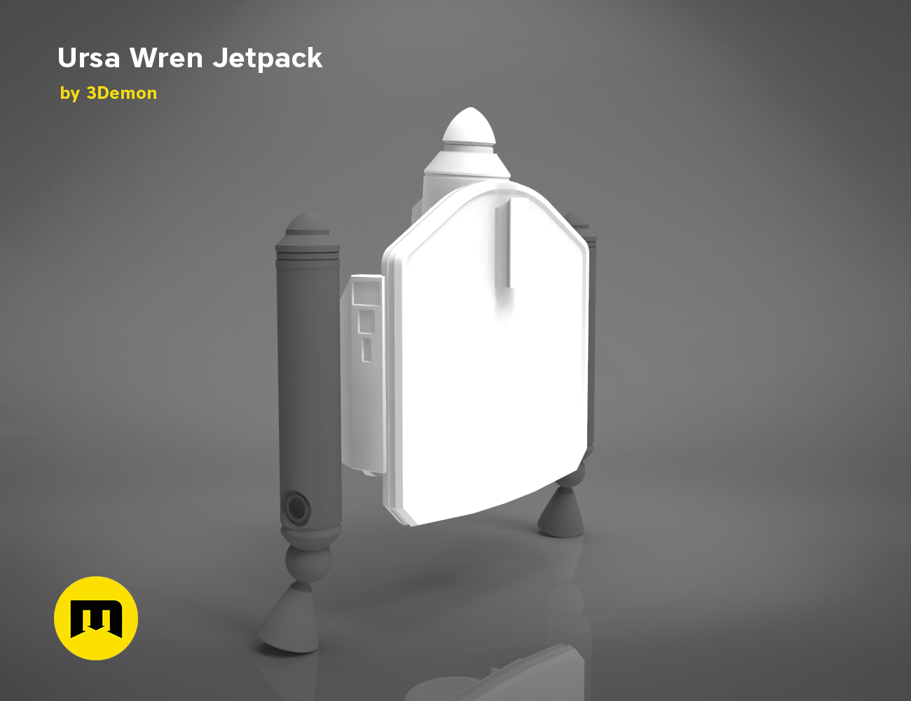 3D print preview of Ursa Wren Jetpack STL, white textured 3D render cosplay prop, side view