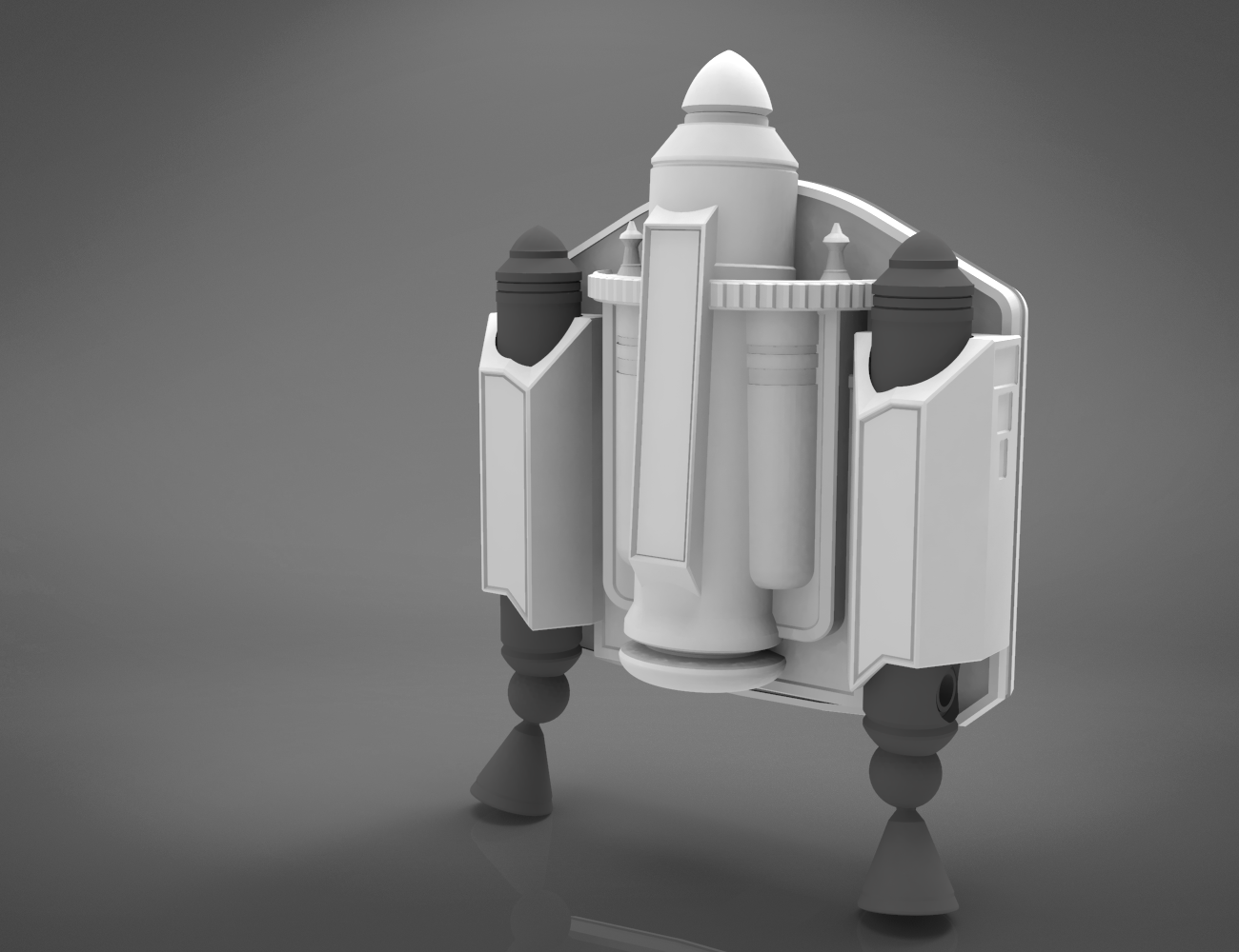 Digital 3D render of Ursa Wren Jetpack STL, futuristic white 3D printed cosplay prop.