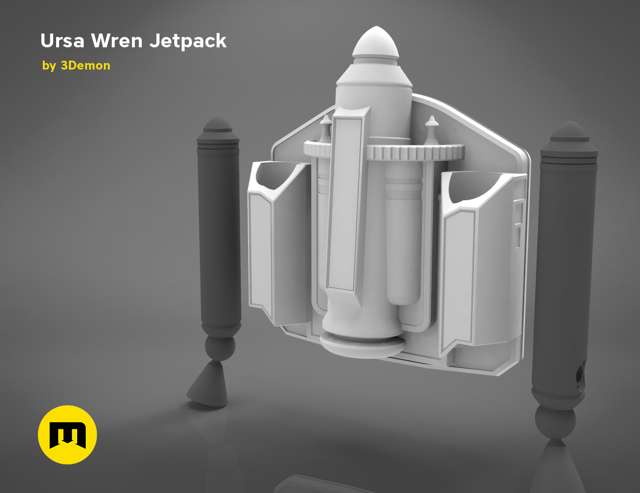CGI render of Ursa Wren Jetpack STL, futuristic 3D printed cosplay prop with thrusters