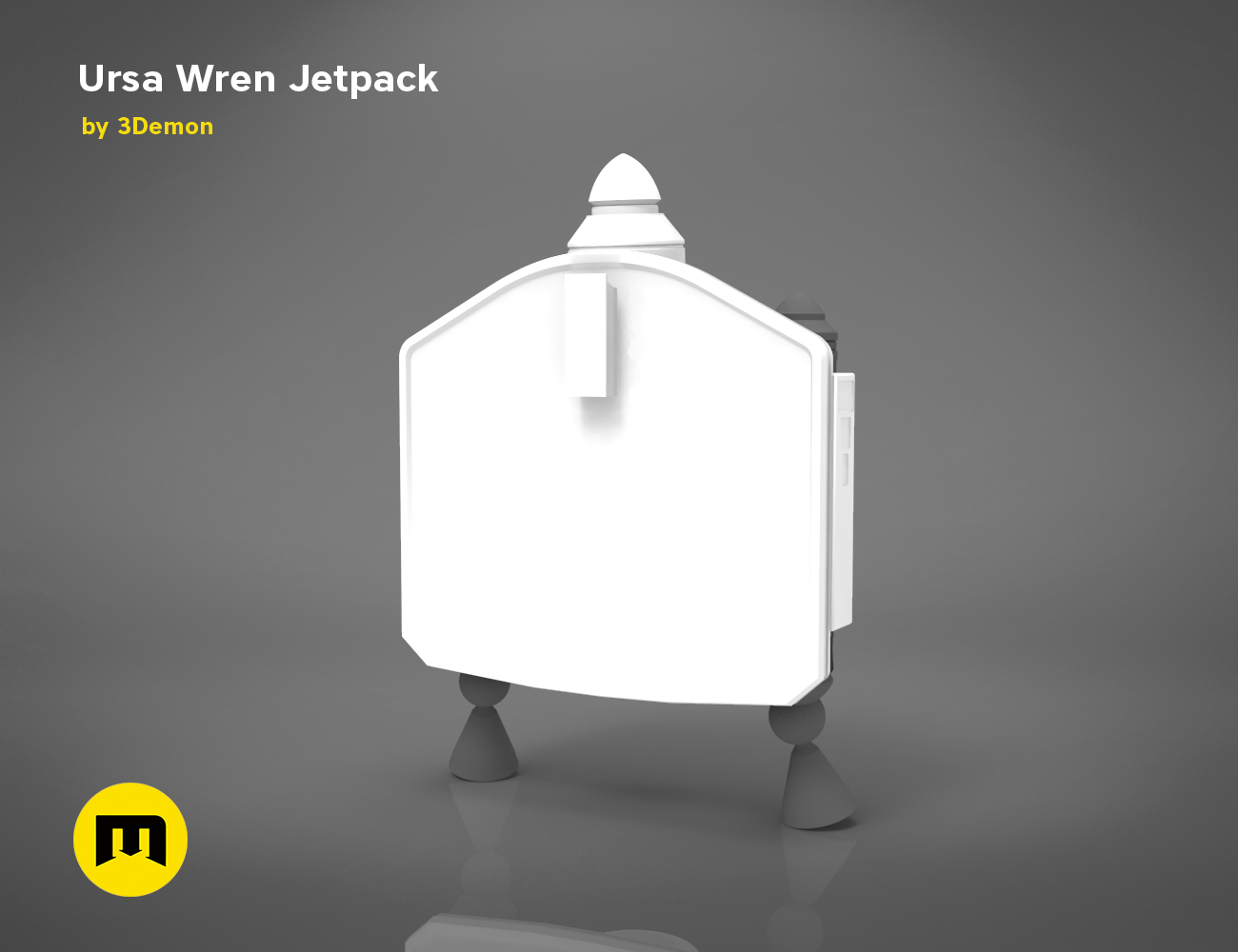 CAD render of Ursa Wren Jetpack STL, white 3D printed jetpack with rear fins, front view